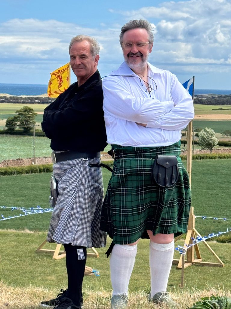 Robson Green and Mark Benton filming BBC programme Robson Greens weekend escapes at Wild Cairns mini highland games.